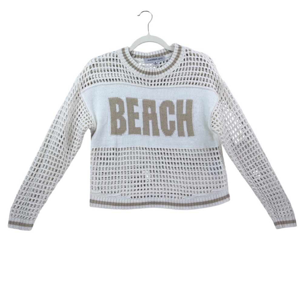 Madden Girl Sweater Women Small White Tan BEACH Open Knit Crochet Mesh RAH9090